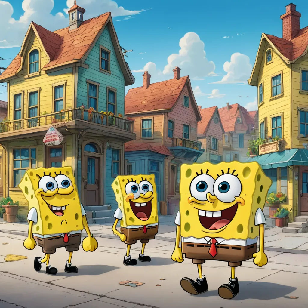 a group of cartoon characters walking down a street in front of a house with a sky background and a blue sky, lowbrow, concept art, Bob Singer, promotional image
