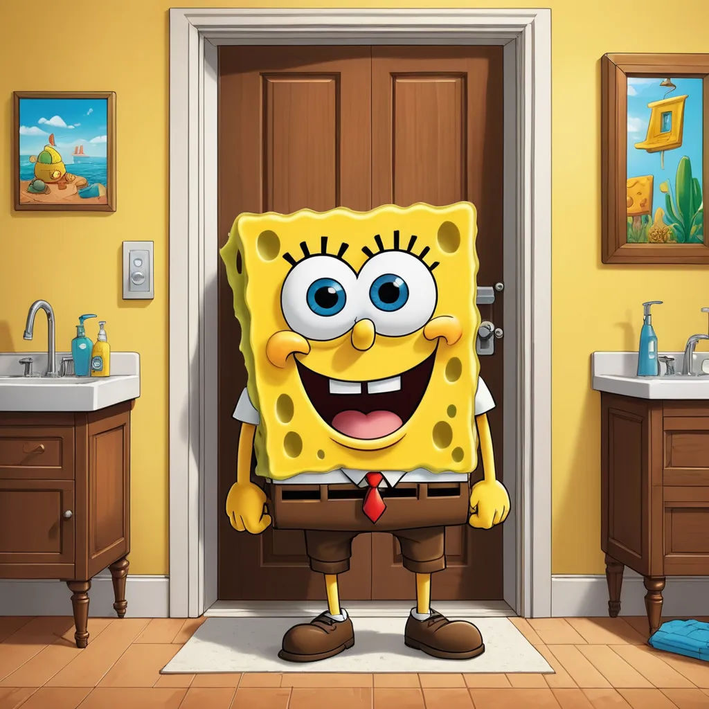 a cartoon character is standing in a bathroom with a sink and a mirror behind him, and a door is open, pop surrealism, a character portrait, Chris LaBrooy, official art