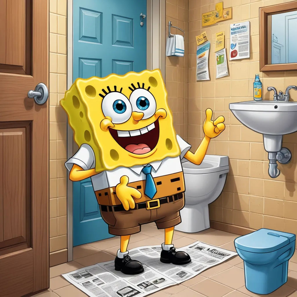 a cartoon spongebob standing in a bathroom with a toilet and sink in the background and a newspaper on the floor, sots art, a stock photo, Chris LaBrooy, promotional image