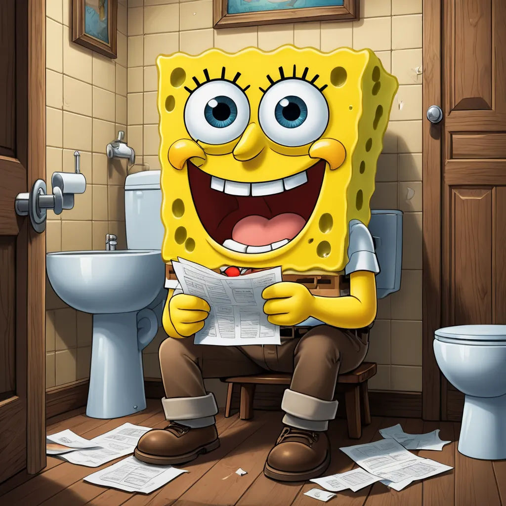 a cartoon character sitting on a toilet reading a paper in a bathroom with a toilet paper roll on the floor, sots art, a stock photo, Chris LaBrooy, official art