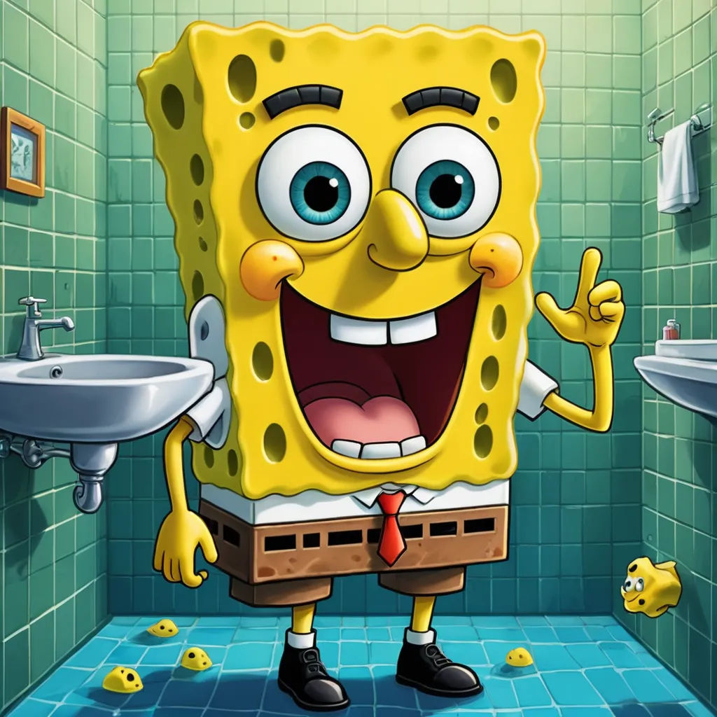 a cartoon character is standing in a bathroom with a sink and a mirror behind him and a blue tiled wall, sots art, concept art, Chris LaBrooy, official art