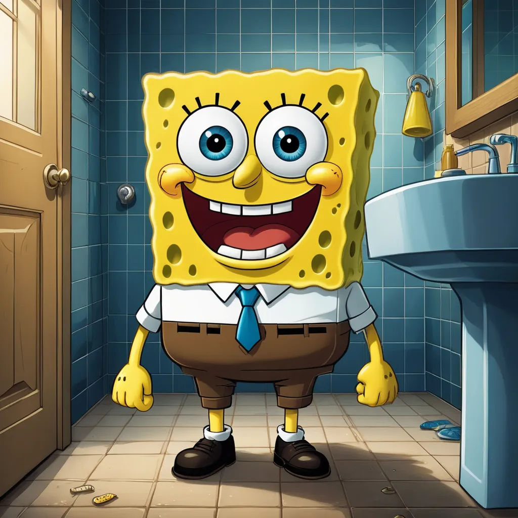 a cartoon character standing in a bathroom with a sink and a blue tiled wall behind him, with a blue tiled floor and a blue tiled wall behind him, pop surrealism, a character portrait, Chris LaBrooy, official art