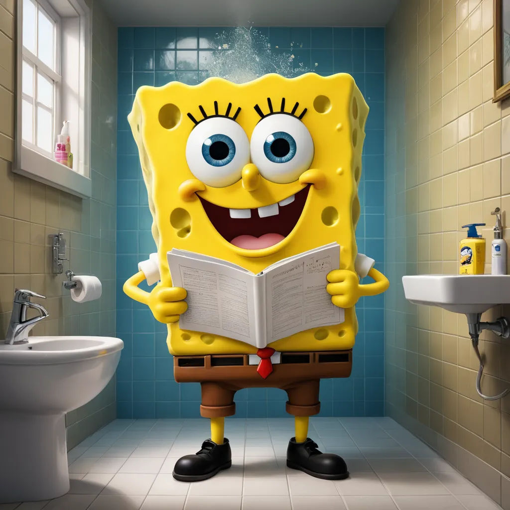 a cartoon character is reading a book in a bathroom with a sink and toilet in the background, and a blue tiled wall, sots art, a 3D render, Chris LaBrooy, promotional image