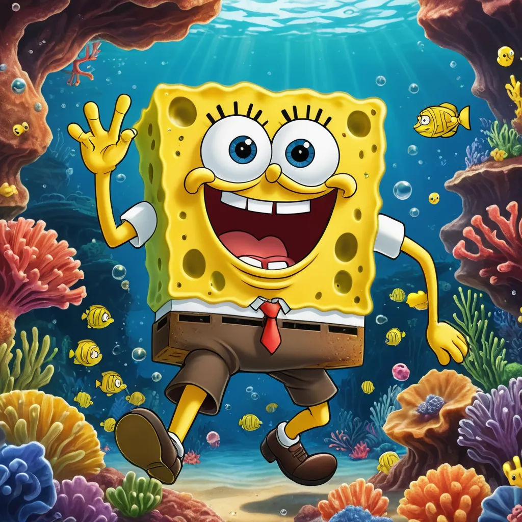a cartoon spongebob is jumping in the air with his hands up in the air and a fish in the background, pop surrealism, a character portrait, Bob Singer, promotional image