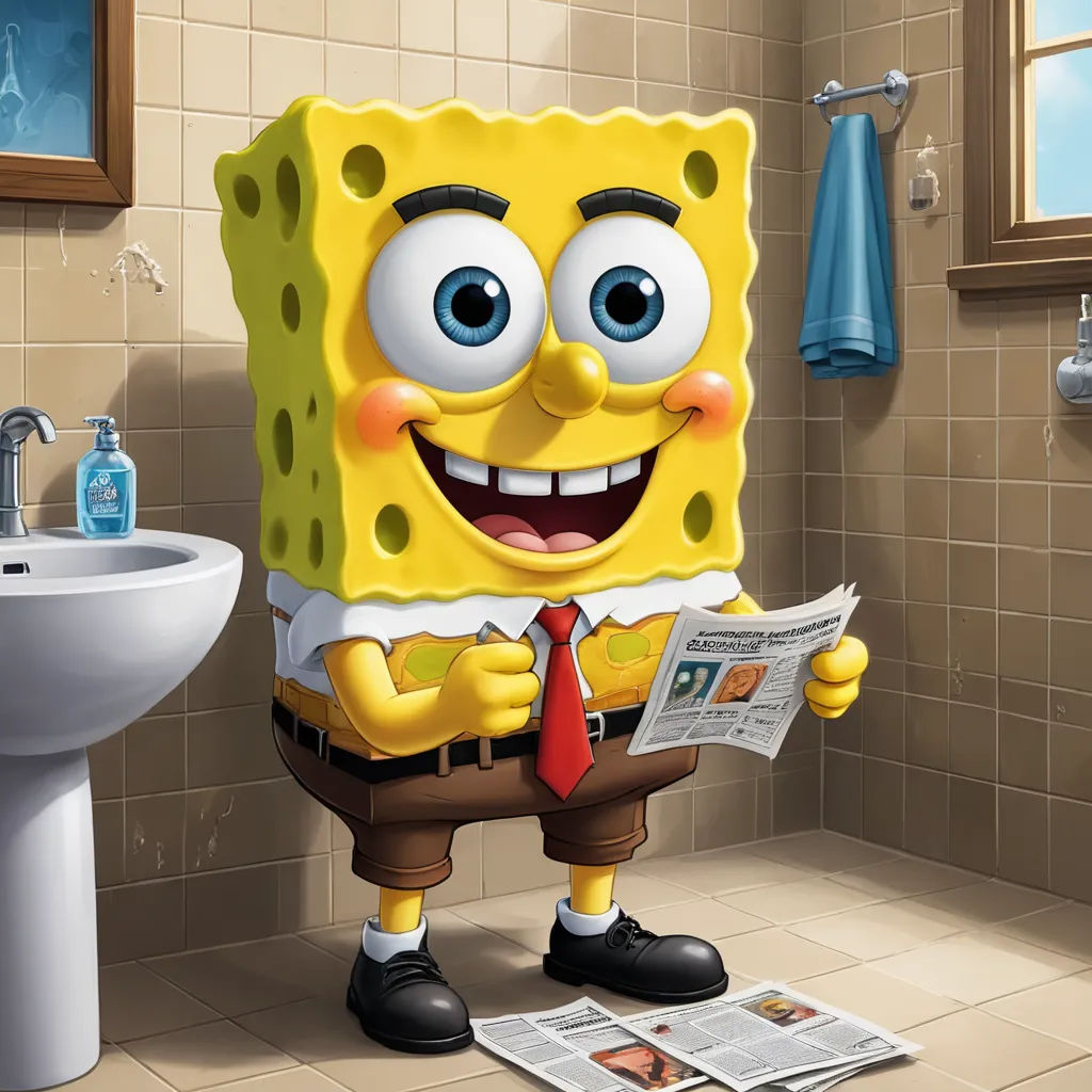 a cartoon character is reading a newspaper in a bathroom with a sink and toilet in the background, and a towel on the floor, sots art, a photorealistic painting, Chris LaBrooy, highly detailed digital painting