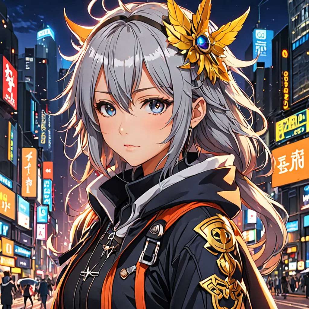 a woman in a black outfit standing in the middle of a city at night with a yellow flower in her hair, sots art, a character portrait, Chizuko Yoshida, official art