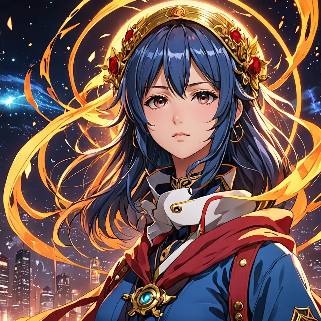 a girl with blue hair and a crown on her head, standing in front of a cityscape, sots art, a detailed painting, Artgerm, official art
