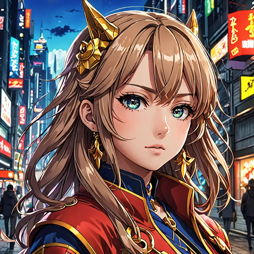 a woman in a red and blue outfit standing in the street with a city in the background and a neon sign, sots art, a character portrait, Artgerm, official art