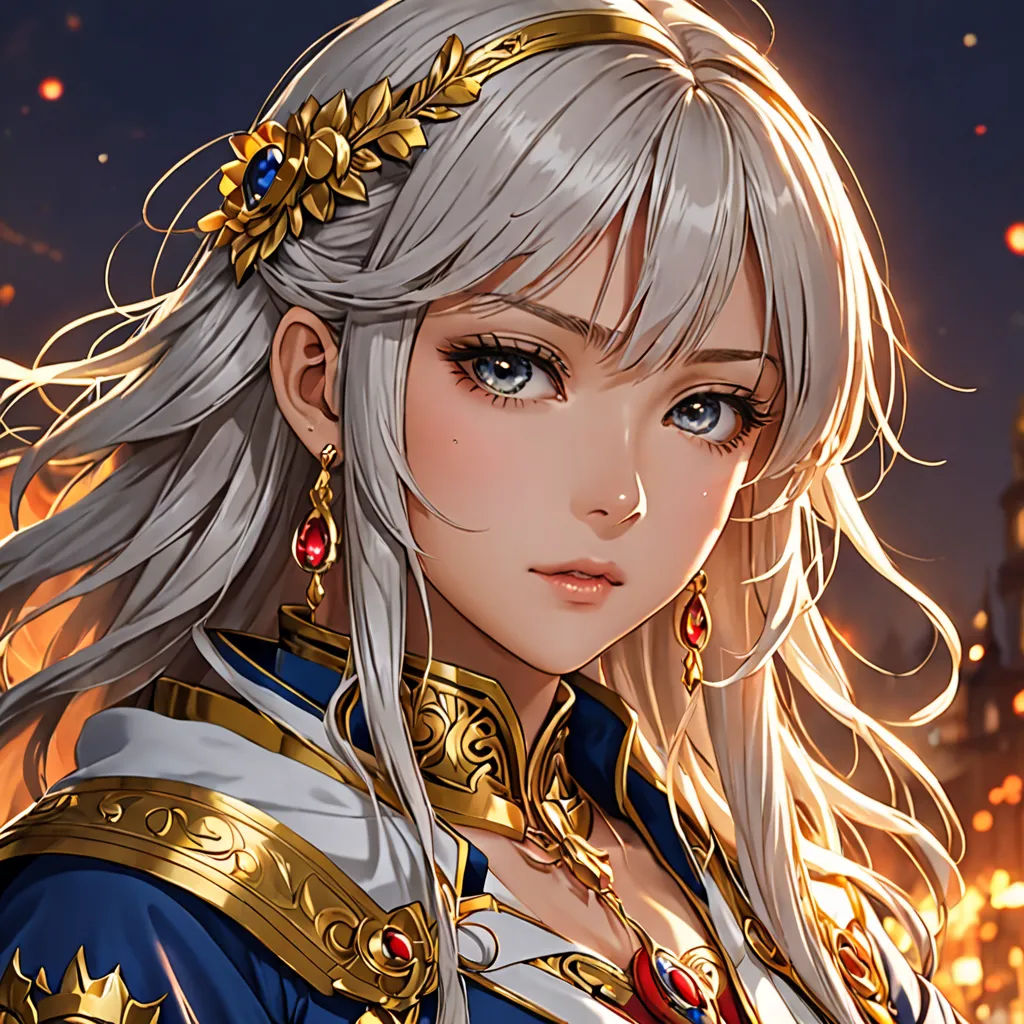 a woman with blonde hair and blue eyes wearing a gold and blue outfit and a crown on her head, sots art, a detailed painting, Artgerm, rossdraws global illumination