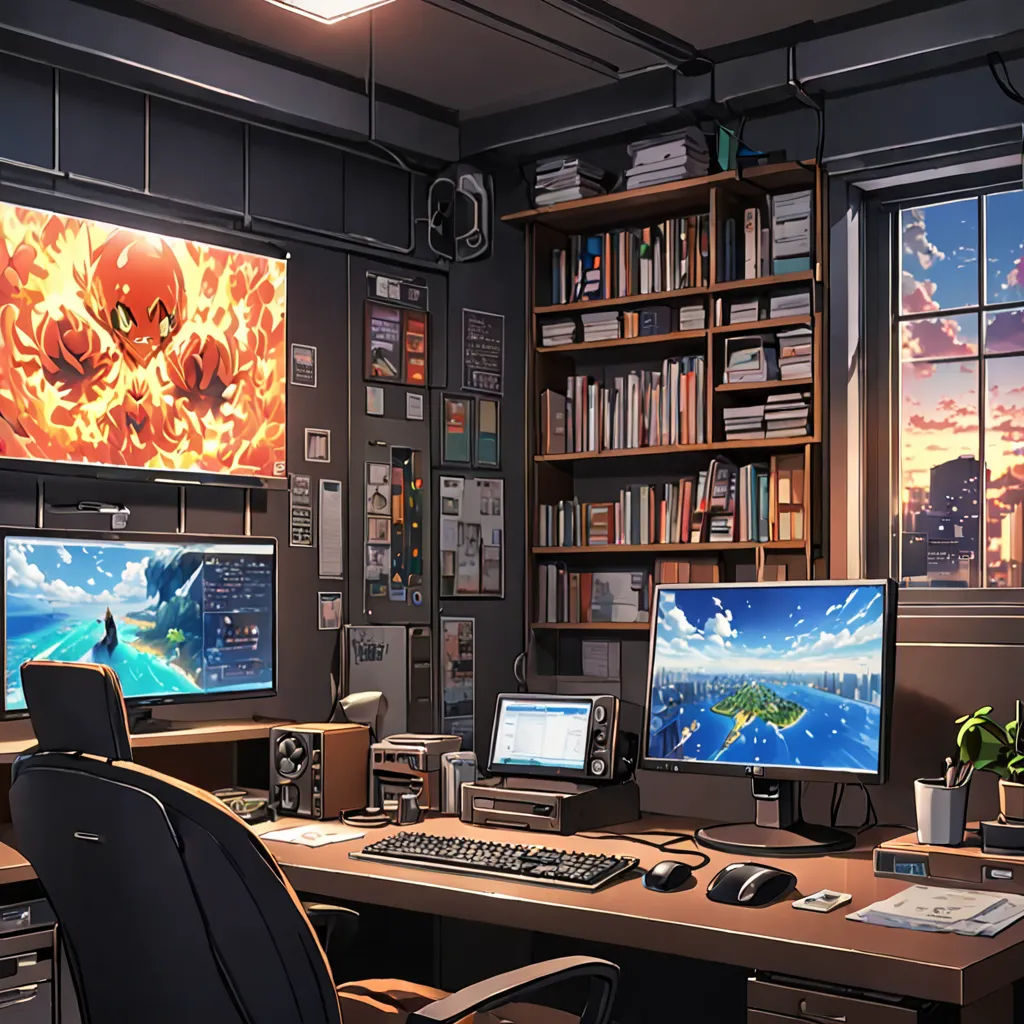 a computer desk with two monitors and a keyboard and mouse on it in a room with a lot of books, computer art, computer graphics, Artgerm, art station