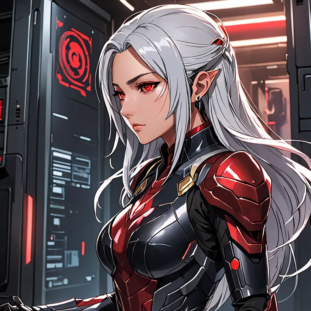 a woman in a futuristic suit standing in front of a computer tower with a red light on her face, space art, a character portrait, Artgerm, stanley artgerm lau