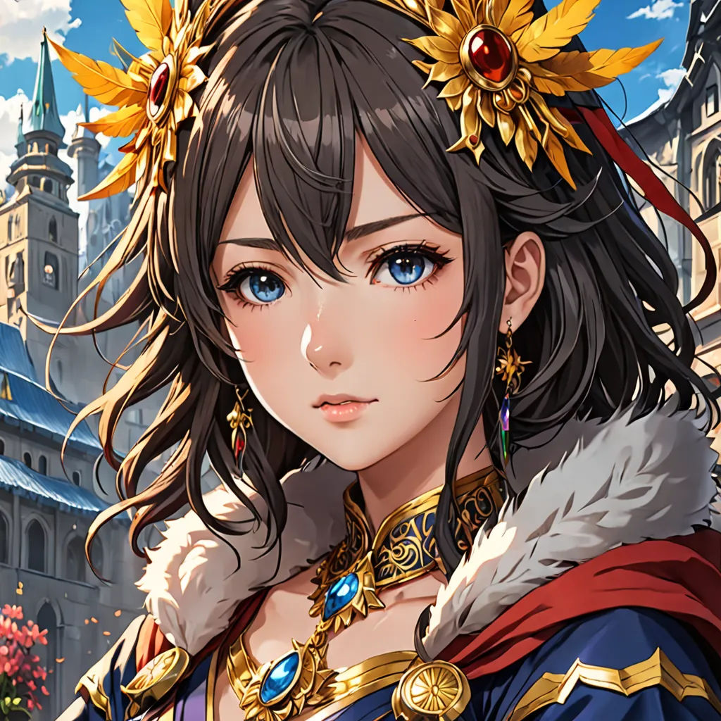 a woman in a costume with a crown on her head and a castle in the background with clouds and blue sky, sots art, a detailed painting, Artgerm, rossdraws global illumination