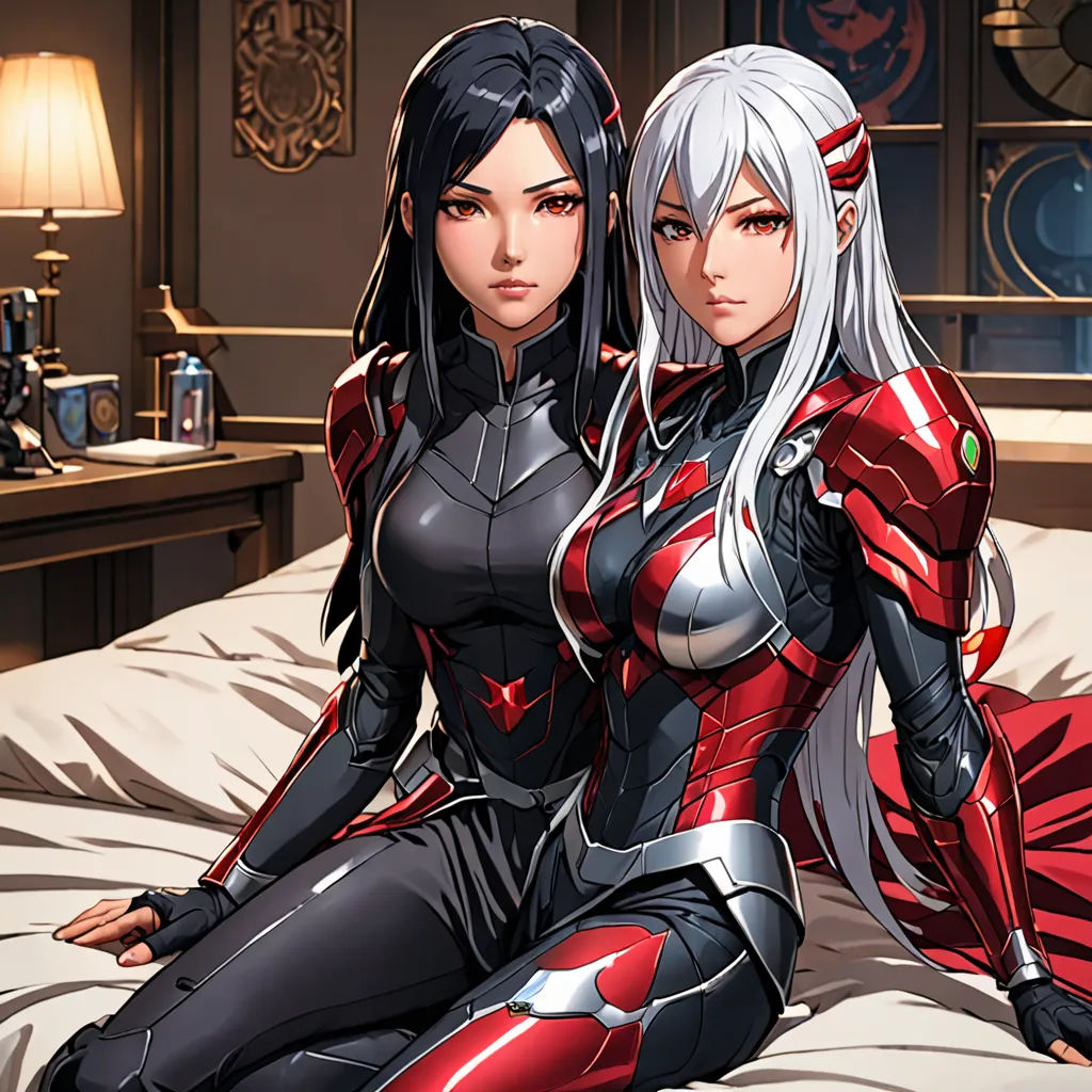 two women in futuristic outfits sitting on a bed together, with a lamp on the side of the bed, sots art, concept art, Artgerm, official art