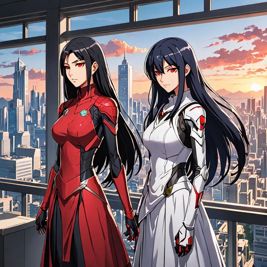 two anime girls standing next to each other in front of a window with a city view behind them and a sunset, serial art, cyberpunk art, Ai-Mitsu, official art