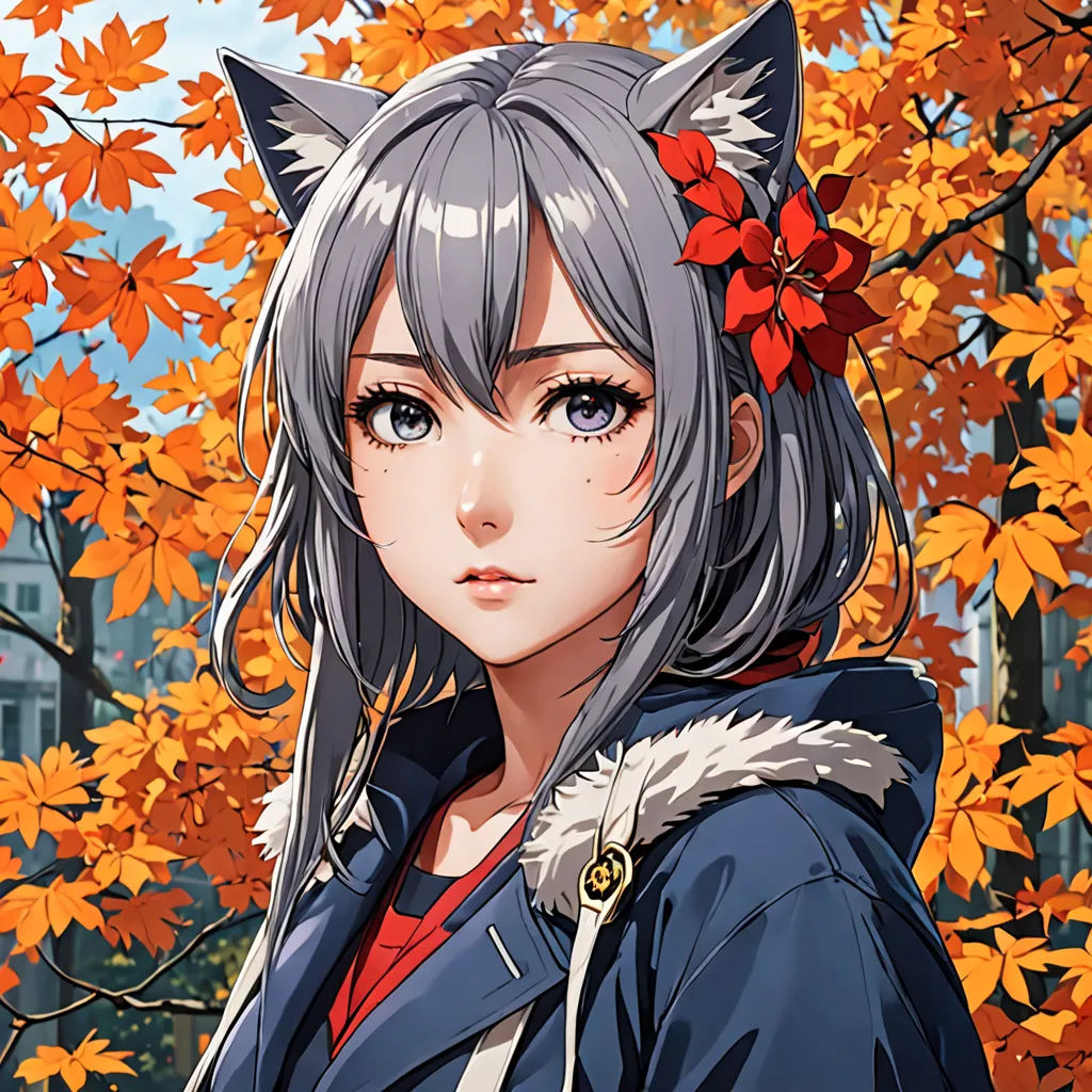a anime girl with grey hair and a cat ears on her head standing in front of a tree with orange leaves, furry art, a character portrait, Artgerm, official art