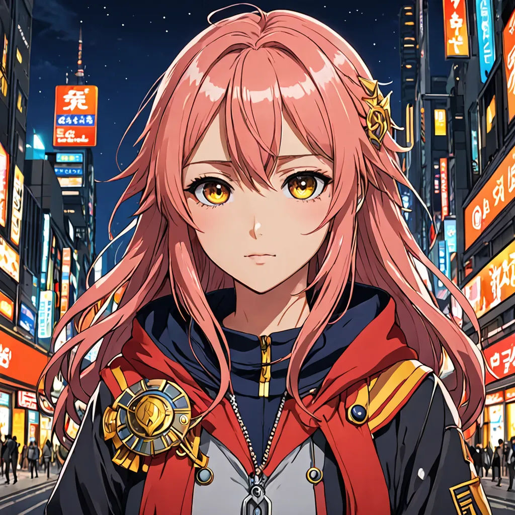 a anime character with pink hair and yellow eyes in a city at night with neon signs and people in the background, rayonism, a character portrait, Aguri Uchida, official art