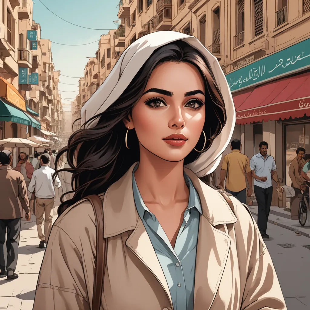 a woman in a trench coat is standing on a street corner with people walking by and buildings in the background, serial art, a comic book panel, Amir Zand, high detail illustration