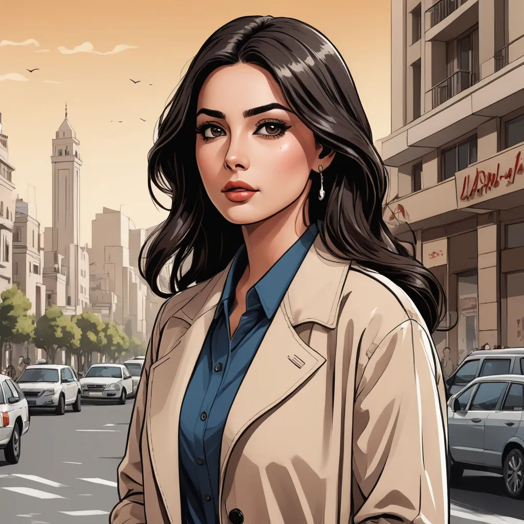 a woman in a trench coat standing on a street corner in front of a cityscape with cars, serial art, a comic book panel, Bouchta El Hayani, comic cover art