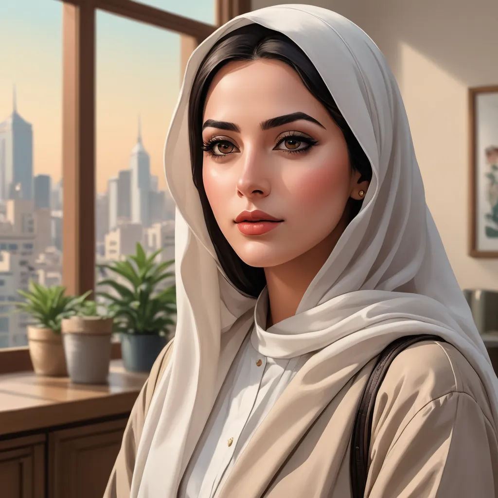 a woman in a hijab is looking out a window with a city view behind her and a potted plant, digital art, a digital painting, Atey Ghailan, highly detailed digital painting
