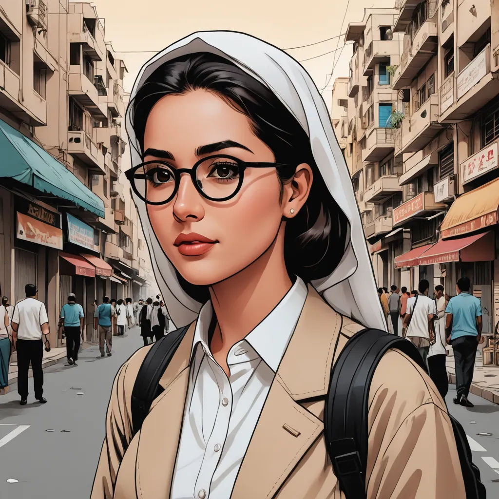 a woman with glasses and a nun outfit on is standing in the street in front of a group of people, serial art, a comic book panel, Artgerm, graphic novel