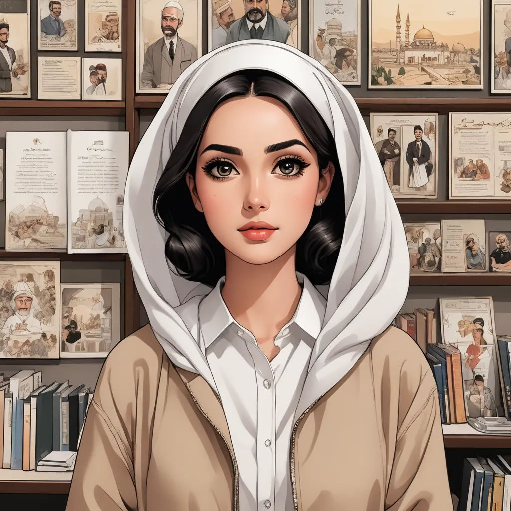 a woman in a hoodie standing in front of a book shelf with many books on it and a man in a suit behind her, aestheticism, a character portrait, Ayshia Taşkın, graphic novel
