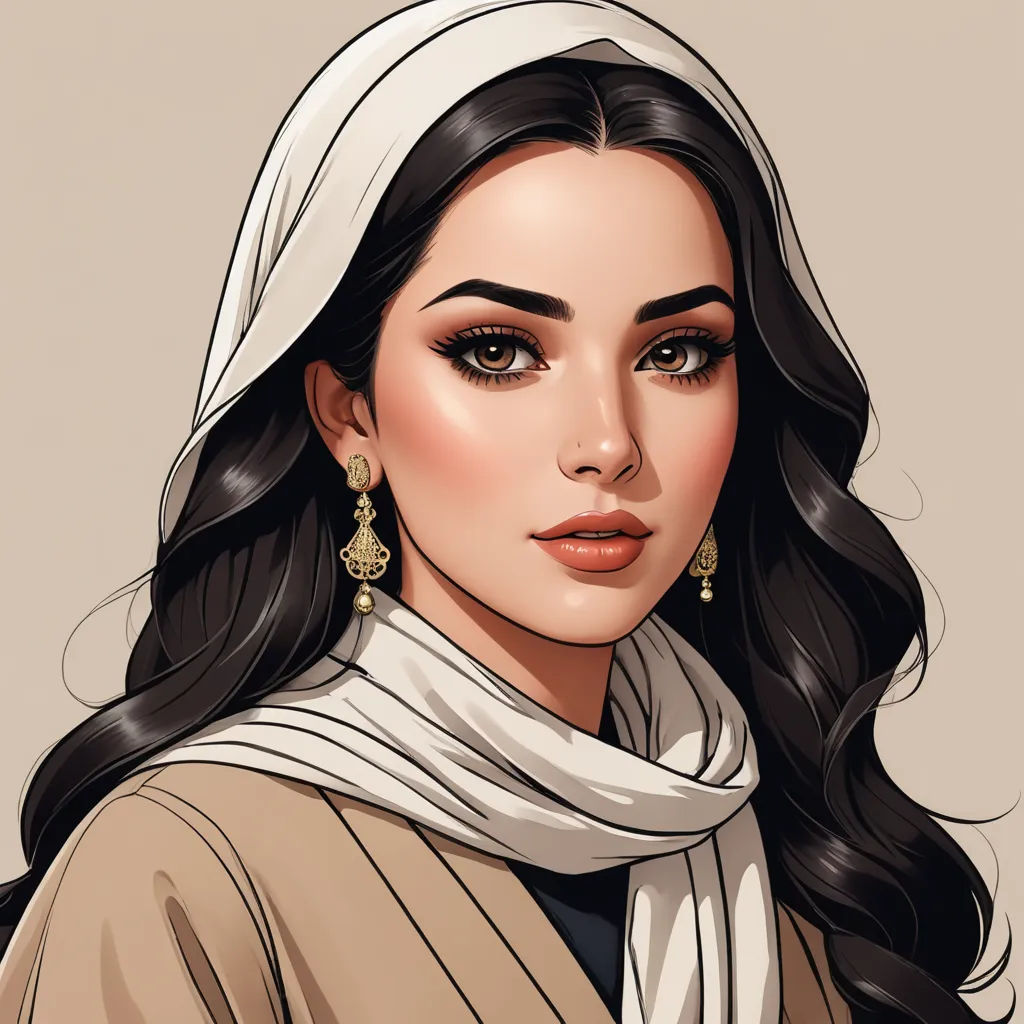 a woman with long hair wearing a scarf and earrings, with a scarf around her neck and a scarf around her neck, qajar art, a character portrait, Charlie Bowater, realistic shaded perfect face