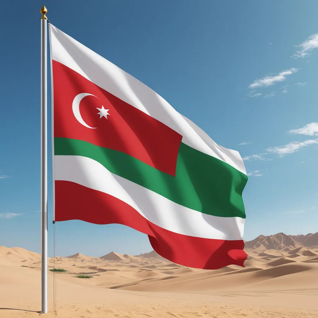 a flag flying in the wind in the desert with a sky background and sand dunes in the foreground, regionalism, a 3D render, Abdullah Gërguri, 4k uhd image