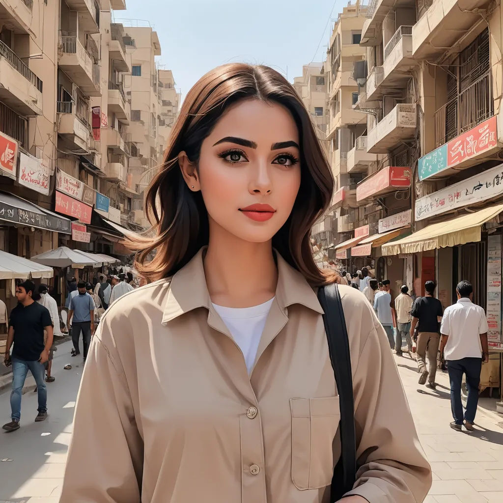 a woman with a camera in a city street with people walking around and buildings in the background, with a woman with a camera in her hand, aestheticism, a picture, Elina Karimova, brown