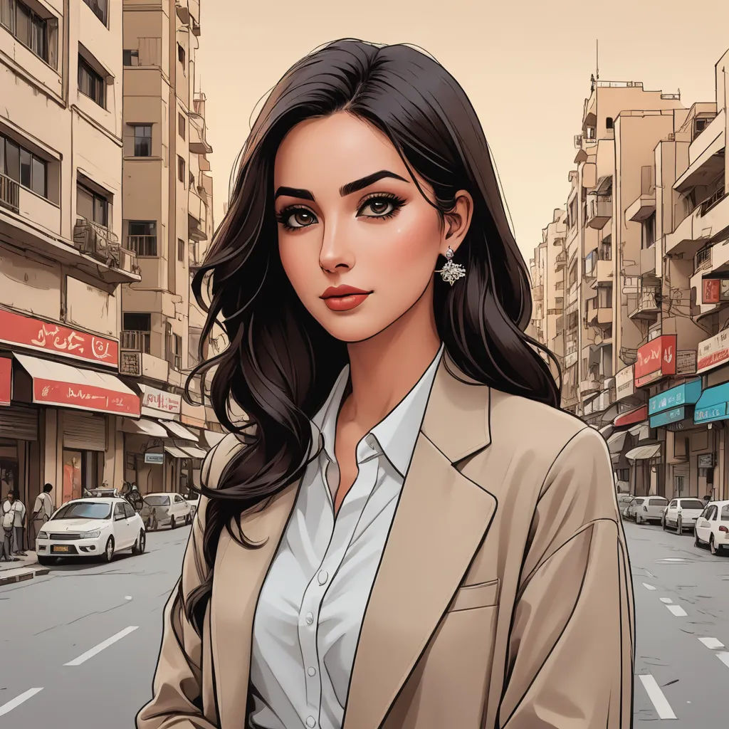 a woman in a suit and earrings standing on a street corner in a city with buildings and cars behind her, serial art, a character portrait, Artgerm, city background