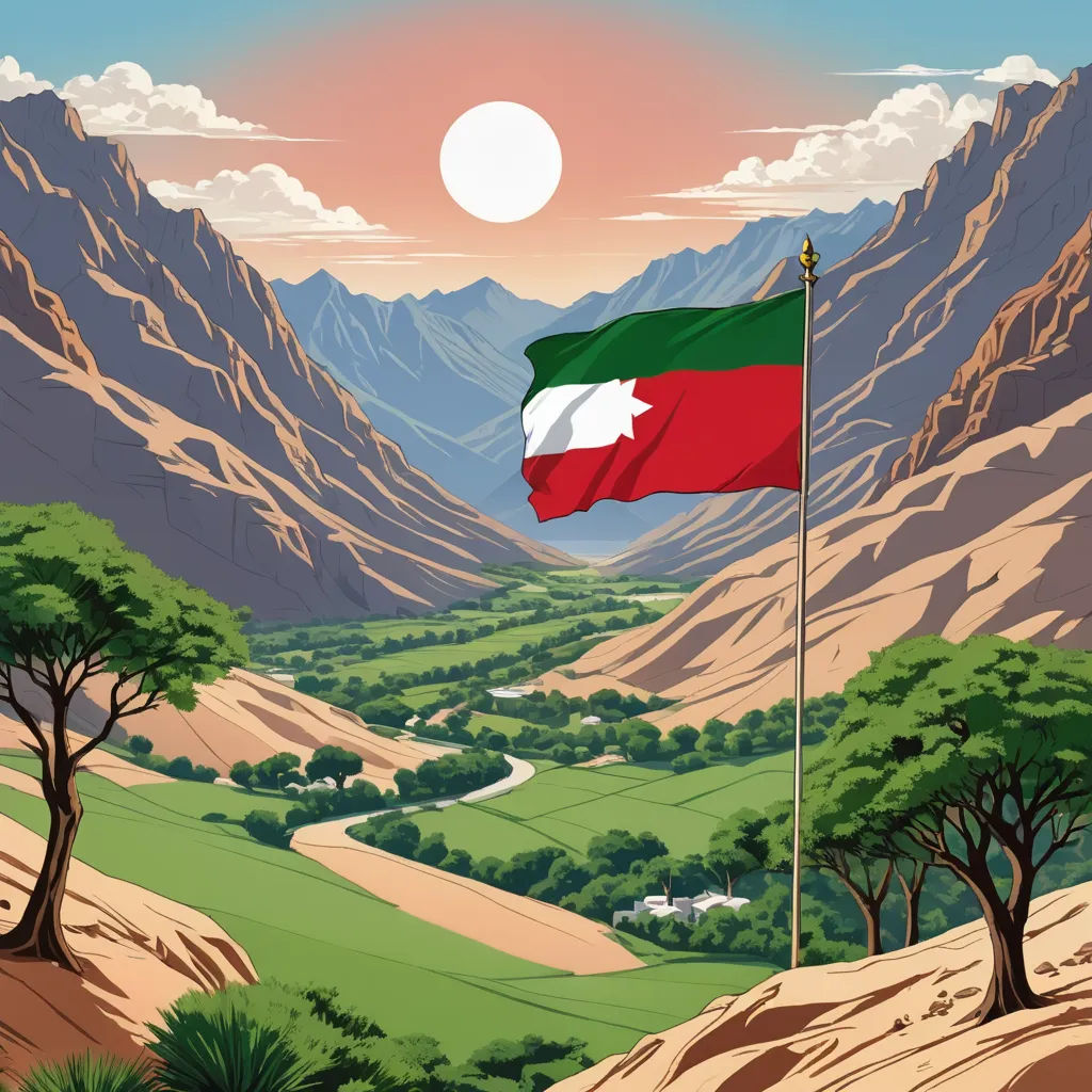 a flag flying in the air over a valley with mountains in the background and a river running through it, regionalism, a detailed matte painting, Christophe Vacher, official art