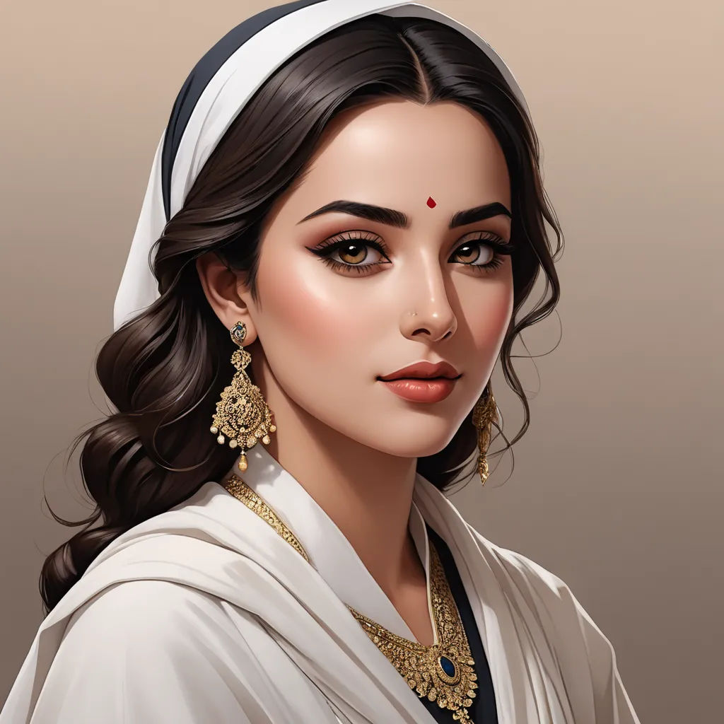 a digital painting of a woman wearing a white dress and gold jewelry with a white headband on her head, qajar art, a detailed painting, Charlie Bowater, trending on art station