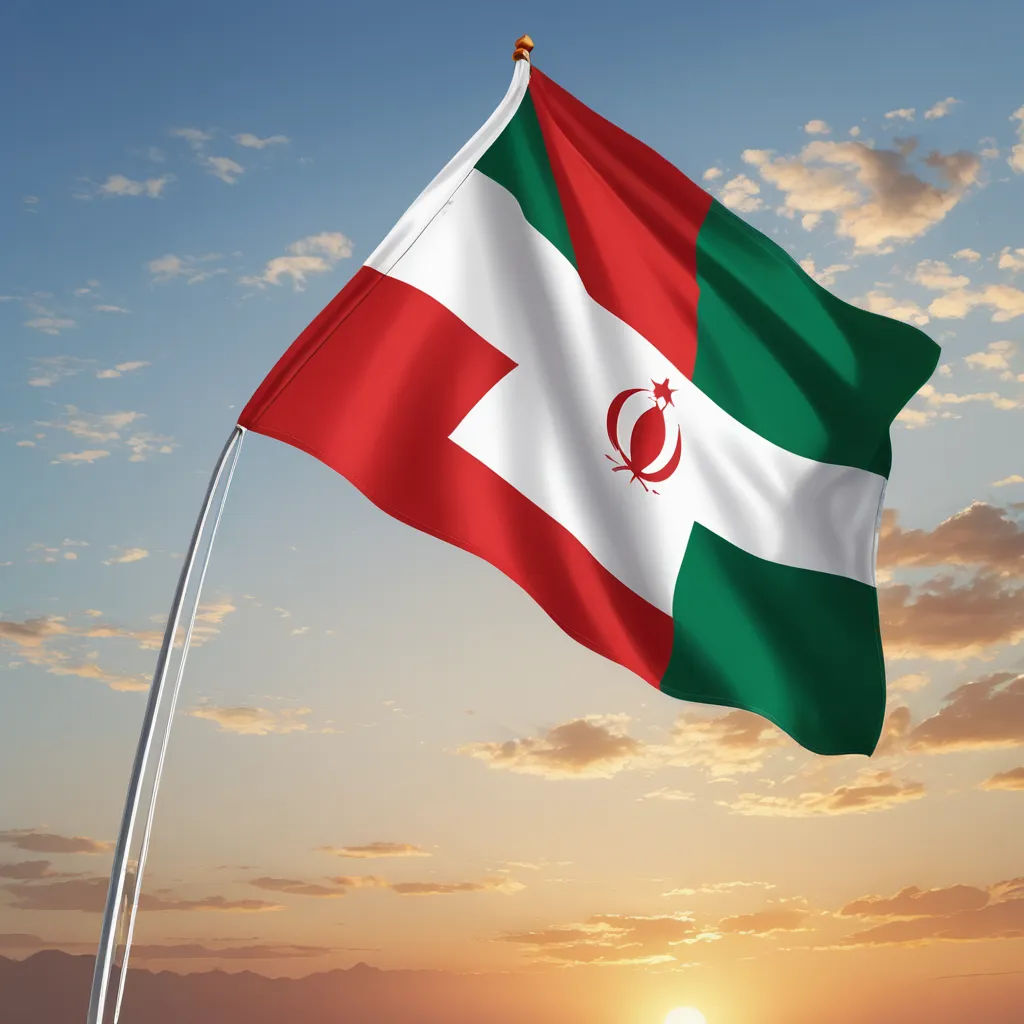 a flag flying in the air with a sunset in the background with clouds in the sky and a sun setting behind it, regionalism, a digital rendering, Aquirax Uno, athletic