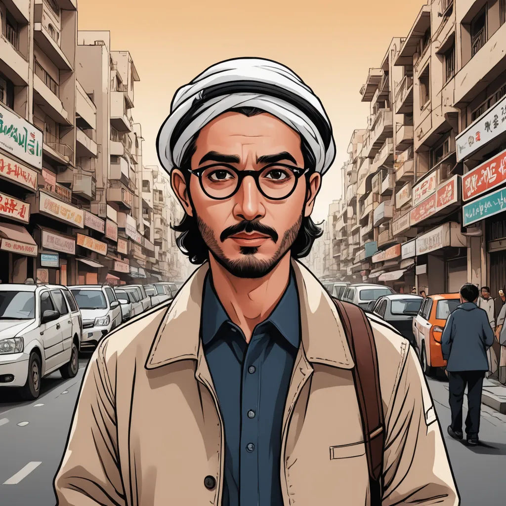 a man with a beard and glasses standing in the middle of a street with cars and people in the background, serial art, a character portrait, Asaf Hanuka, graphic novel