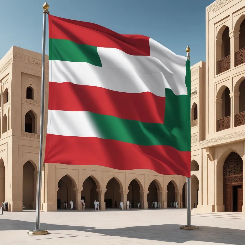a large flag is flying in front of a building with arches and arches on it's sides and a flag pole in the middle, regionalism, a digital rendering, Bouchta El Hayani, 4k uhd image