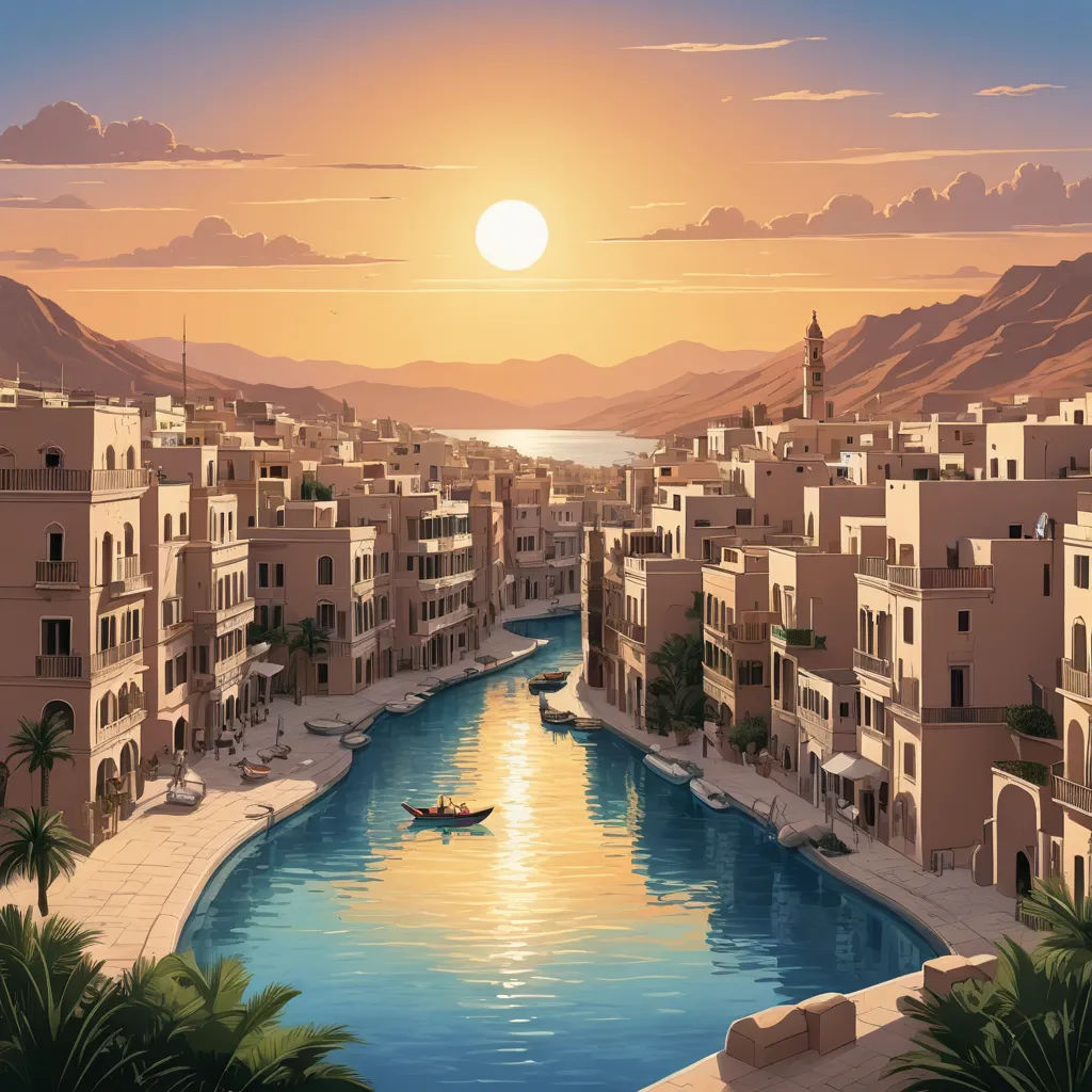 a painting of a river running through a city with a boat in it and a sunset in the background, american scene painting, a detailed matte painting, Evgeny Lushpin, official art