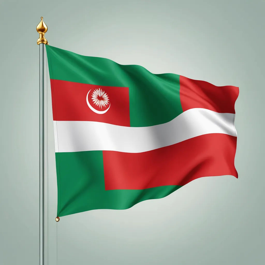 a flag with a gold pole on a gray background with a white and red stripe and a green and white stripe, regionalism, a digital rendering, Abdullah Gërguri, future
