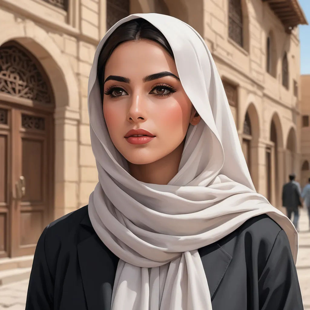 a woman with a headscarf on a street corner in a black dress and a white scarf on, photorealism, a digital painting, Charlie Bowater, highly detailed digital painting