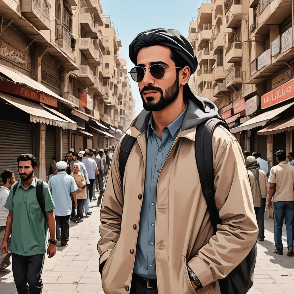 a man with a backpack and sunglasses on standing in a street with people walking around him and buildings in the background, photorealism, a photorealistic painting, Ahmed Karahisari, highly detailed digital painting