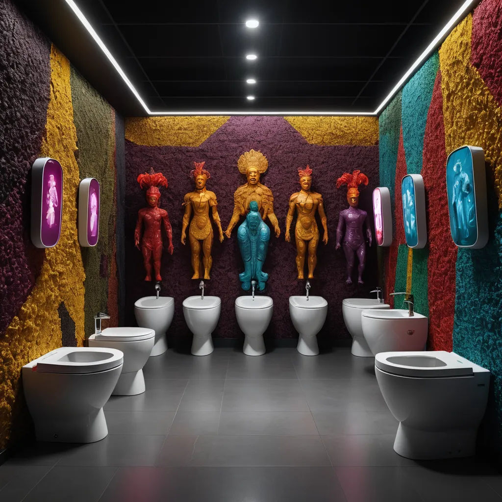 a bathroom with a bunch of toilets and a bunch of statues on the wall behind them and a bunch of urinals, afrofuturism, a 3D render, David LaChapelle, arthouse