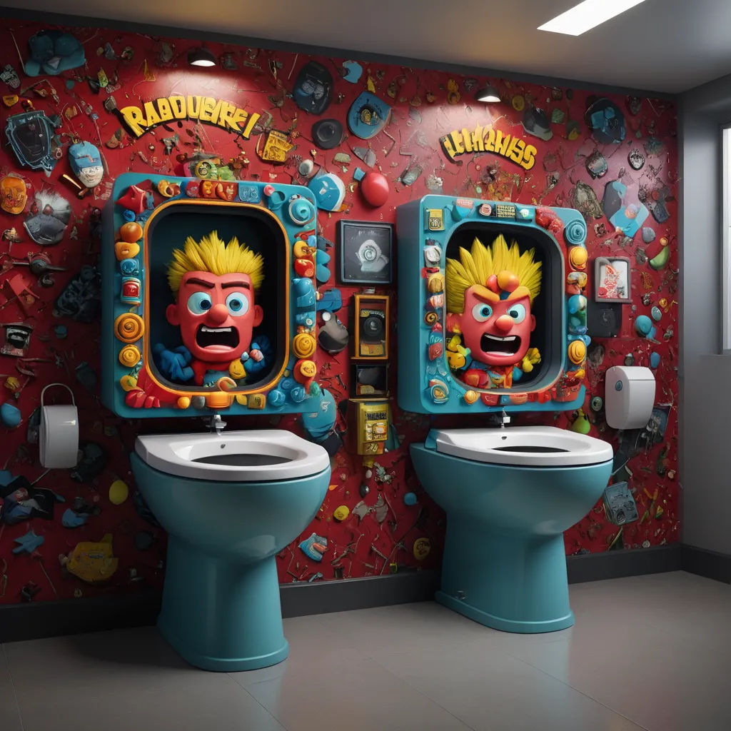 a bathroom with two toilets and a wall with cartoon characters on it and a toilet seat cover in the middle, shock art, a 3D render, Chris LaBrooy, unreal engine 5 highly rendered