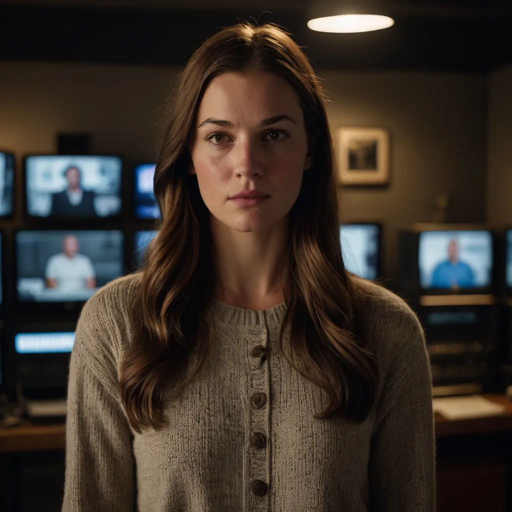 a woman standing in front of a wall of televisions in a room with a lot of monitors on the wall, serial art, a character portrait, Clarice Beckett, promotional image