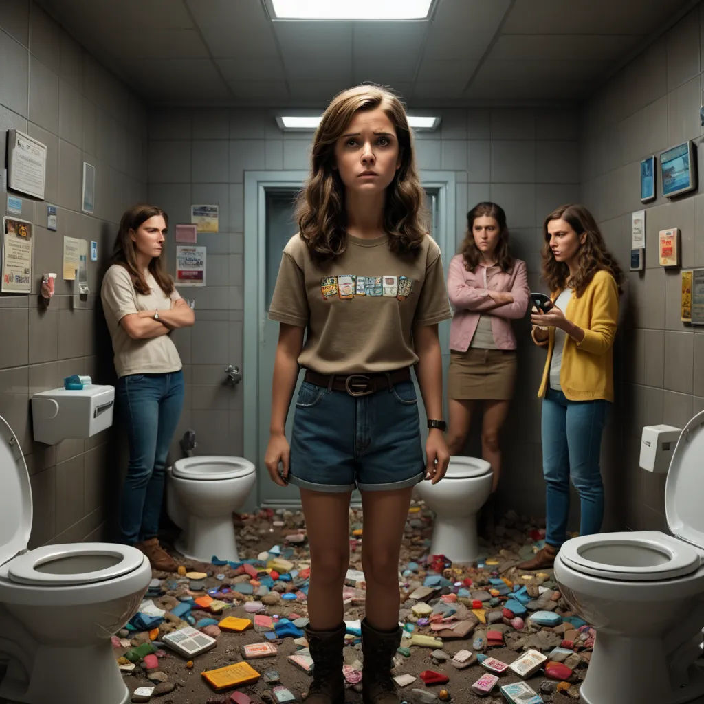 a group of women standing in a bathroom with a pile of toilet paper all over the floor and a woman standing in the middle of the bathroom, shock art, a poster, Ada Gladys Killins, promotional image