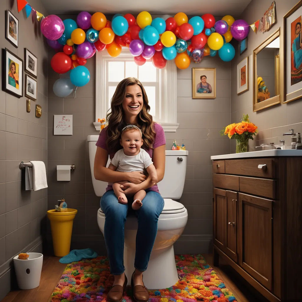 a woman holding a baby in a bathroom with balloons floating above her head and a toilet in the background, feminist art, a storybook illustration, Anne Geddes, promotional image