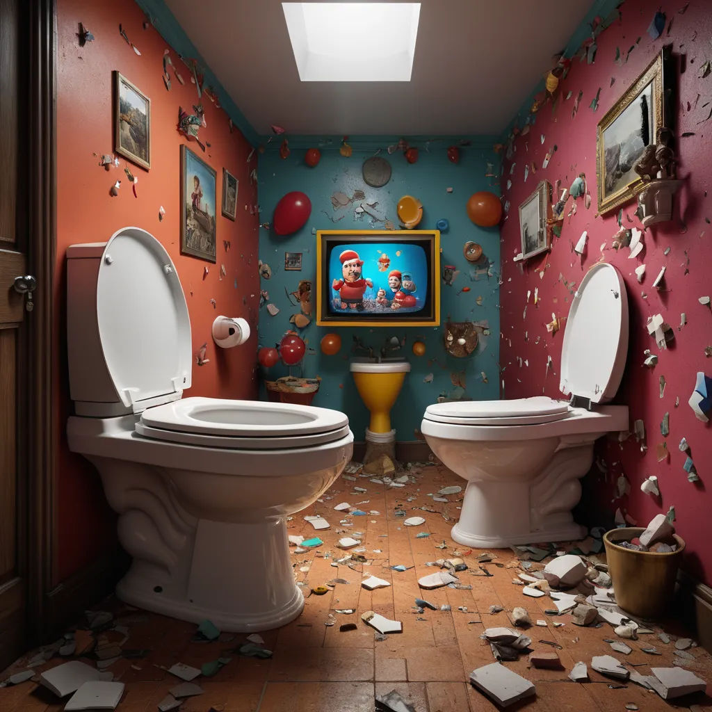 a bathroom with a tv and a toilet in it with a lot of debris on the floor and walls, pop surrealism, a photorealistic painting, Chris LaBrooy, behance hd