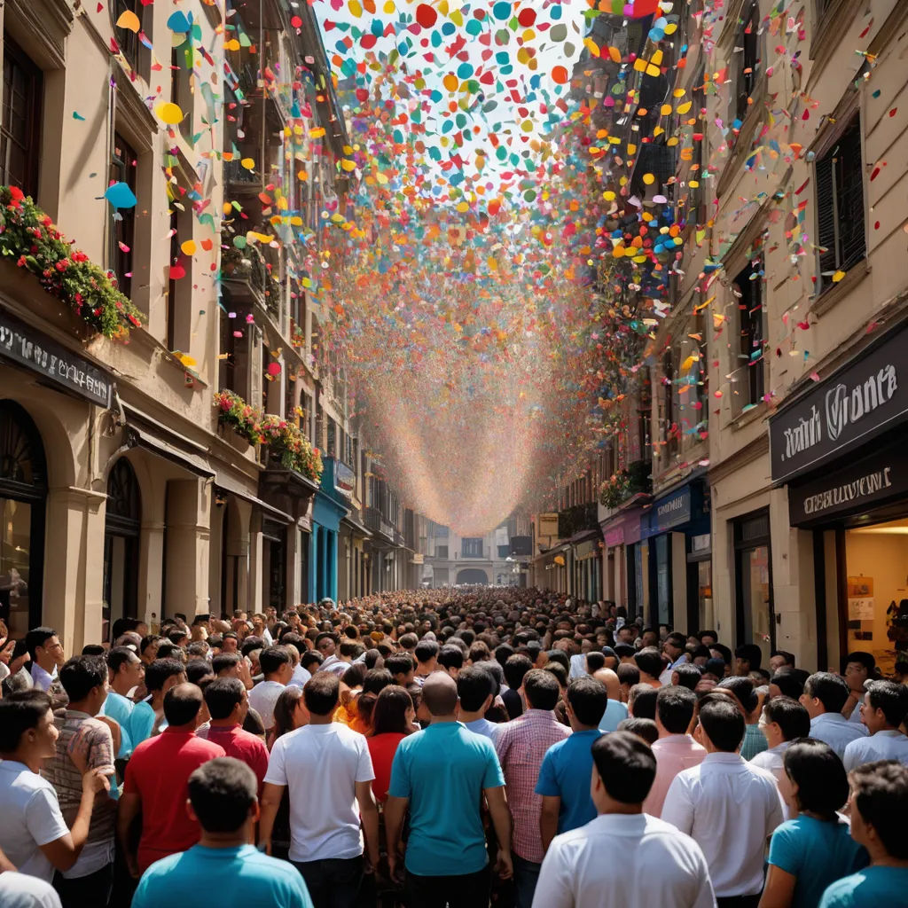 a crowd of people walking down a street under a sky filled with balloons and streamers of confetti, hurufiyya, a colorized photo, Ayshia Taşkın, award - winning photo