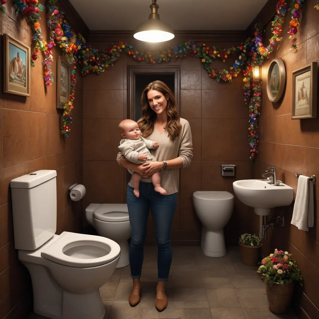 a woman holding a baby in a bathroom with a toilet and sink in it and a mirror above the toilet, photorealism, a storybook illustration, Anne Geddes, promotional image