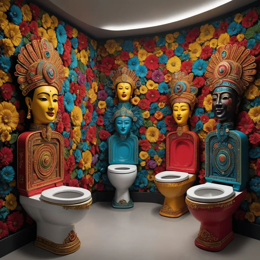 a bathroom with a toilet and a wall with colorful flowers on it and a couple of statues on the wall, psychedelic art, a pop art painting, Betye Saar, tristan eaton