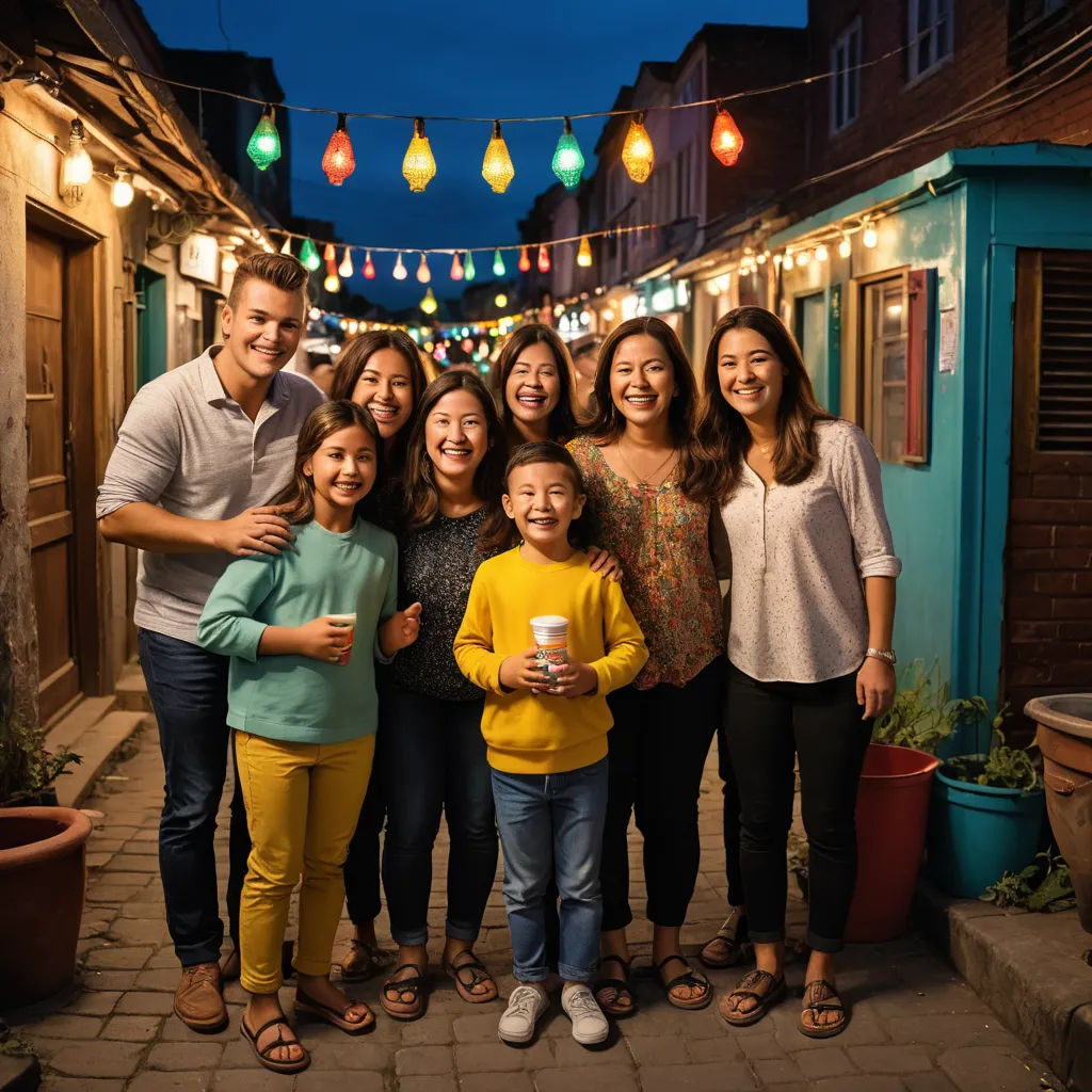 a group of people standing in a alley way at night with lights strung above them and a woman holding a cup, regionalism, a stock photo, David Park, portrait photography