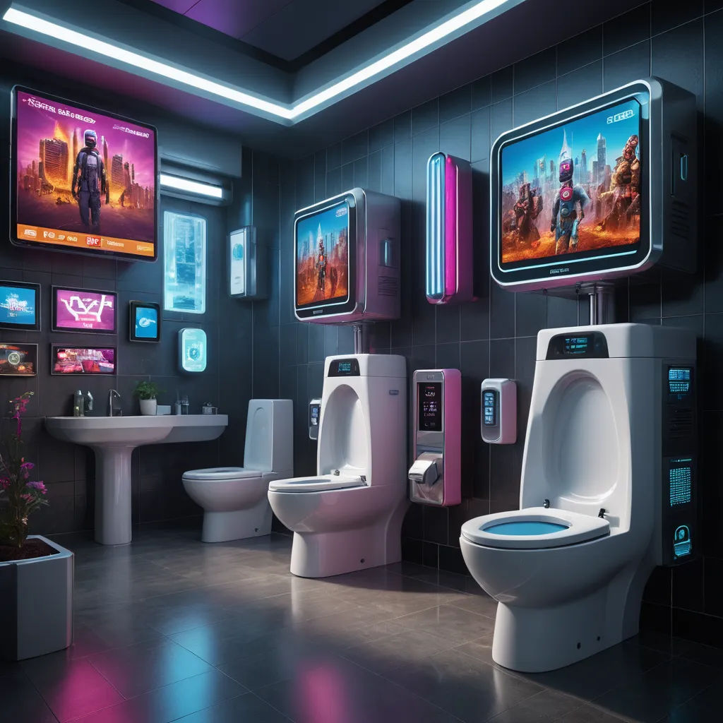 a bathroom with a lot of toilets and a tv on the wall above them and a sink and a toilet, retrofuturism, cyberpunk art, Beeple, unreal 5 render