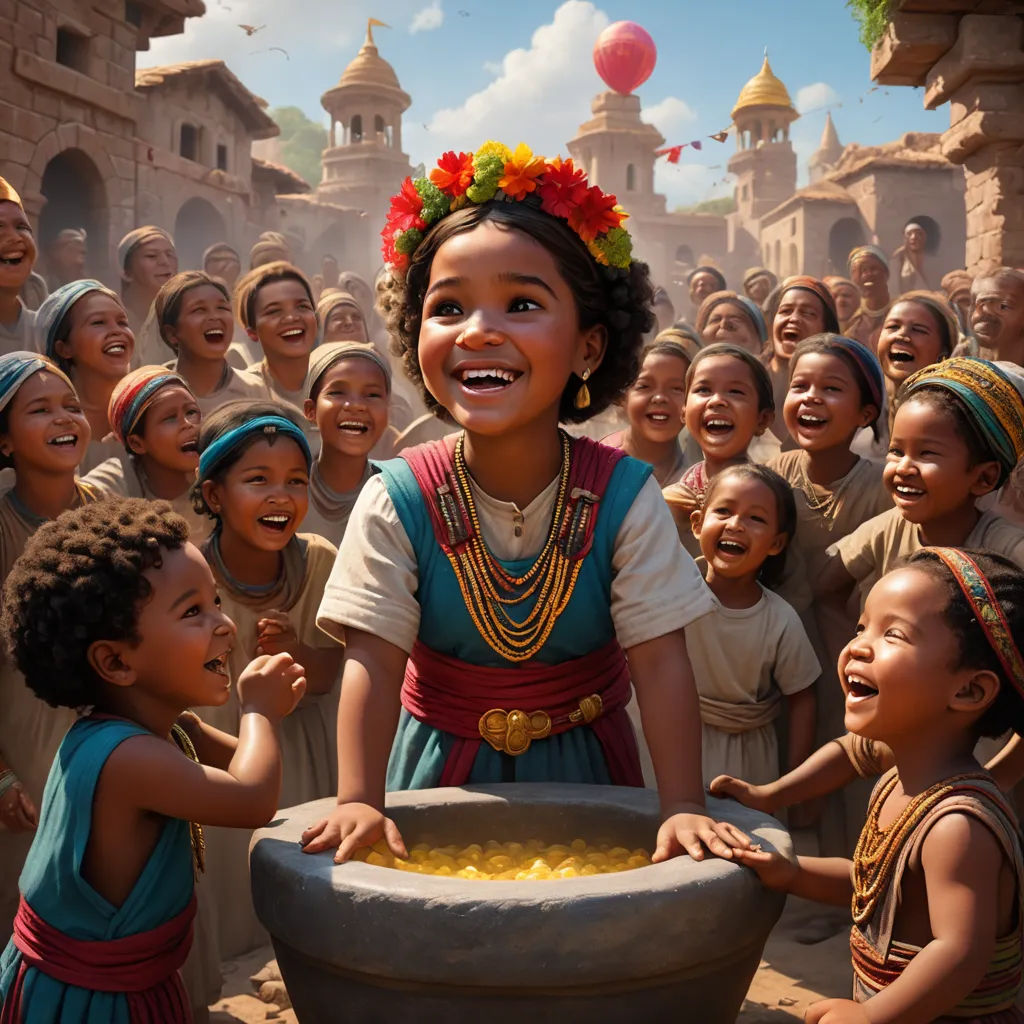 a group of children standing around a large pot of food with a smiling girl in the center of the picture, samikshavad, a poster, Ella Guru, promotional image
